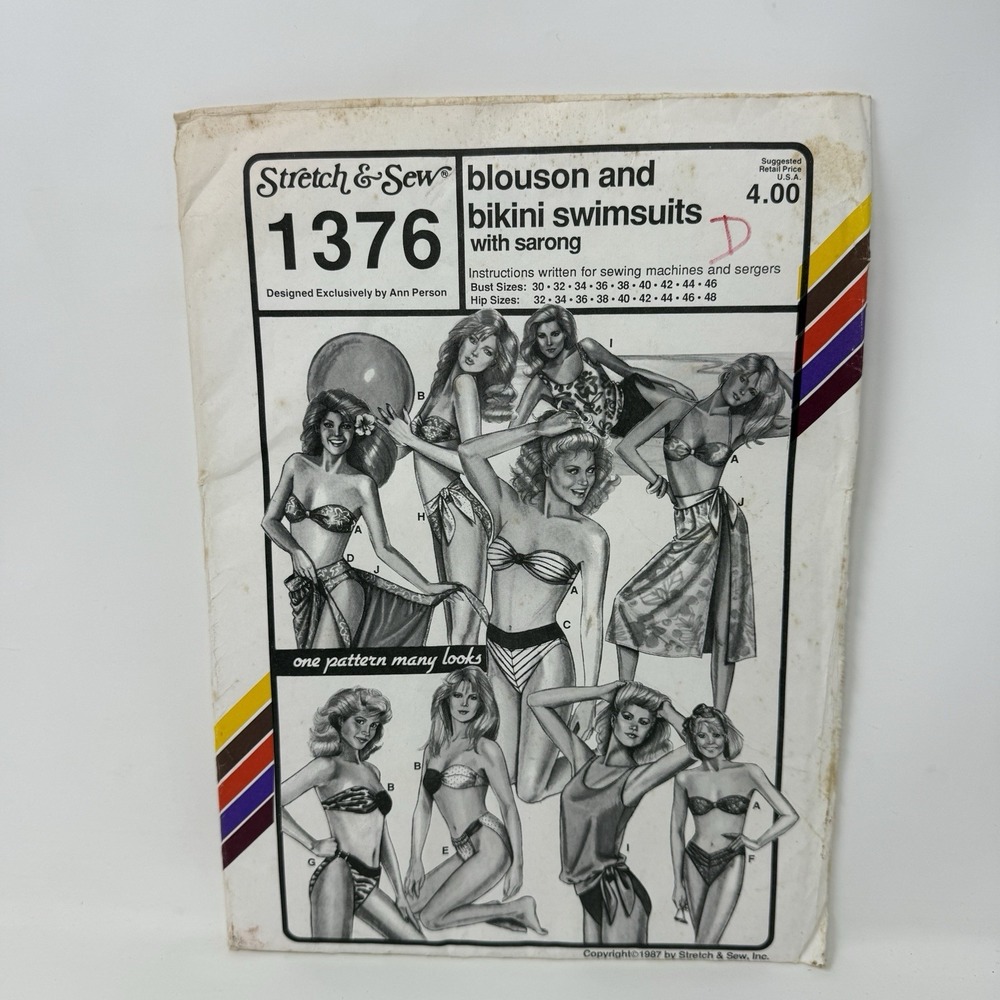 Stretch And Sew Pattern 1376 UNCUT Blouson and Bikini Swimsuits w/ Sarong VTG